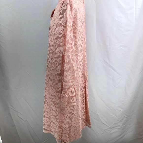 Vintage Handmade Lace Pink Dress Long Sleeve Bow Front Metal Zipper 60s - Picture 9 of 13